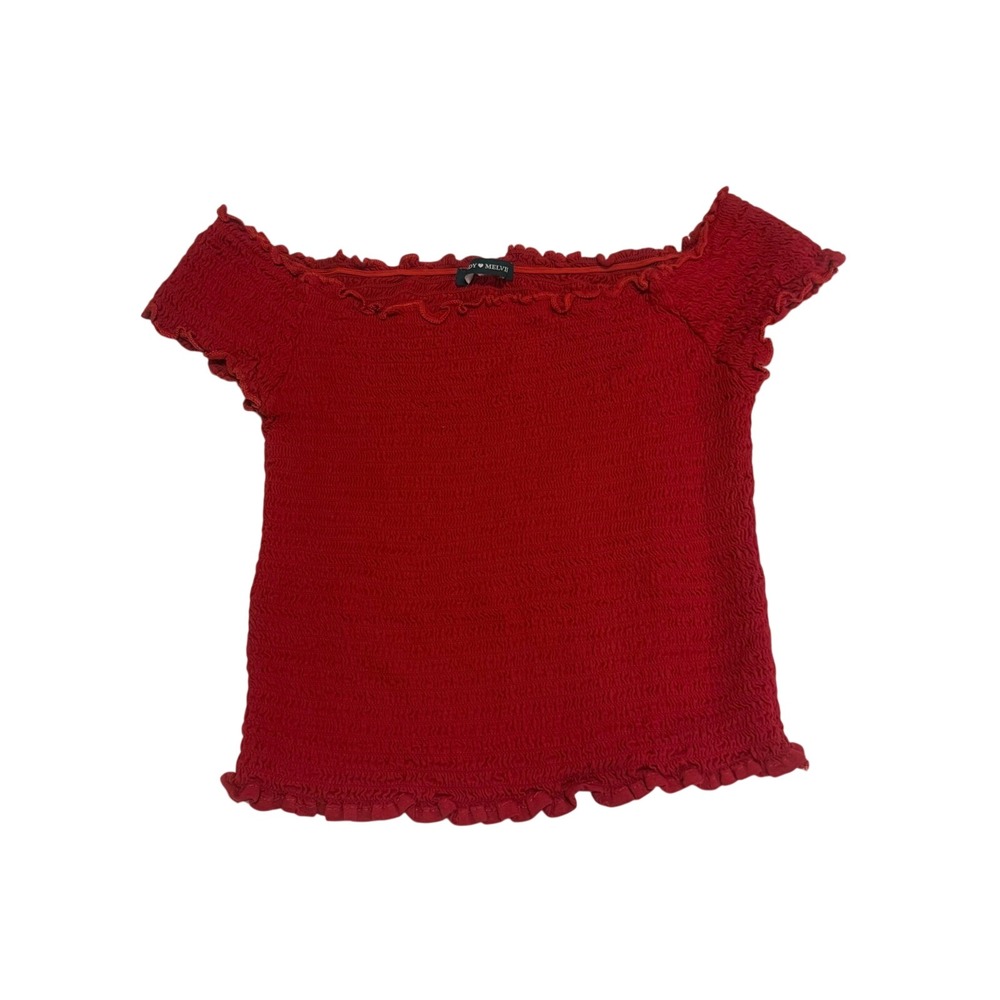 Brandy Melville Red Smocked Off The Shoulder Crop Top Lettuce Trim Women OS